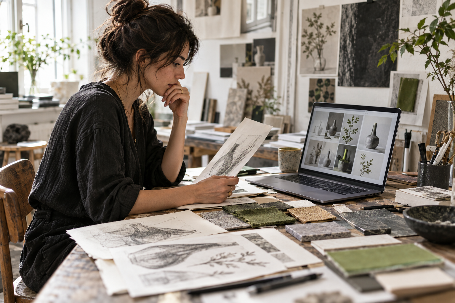 A creative entrepreneur comparing sketches, materials and an AI-assisted visual workflow