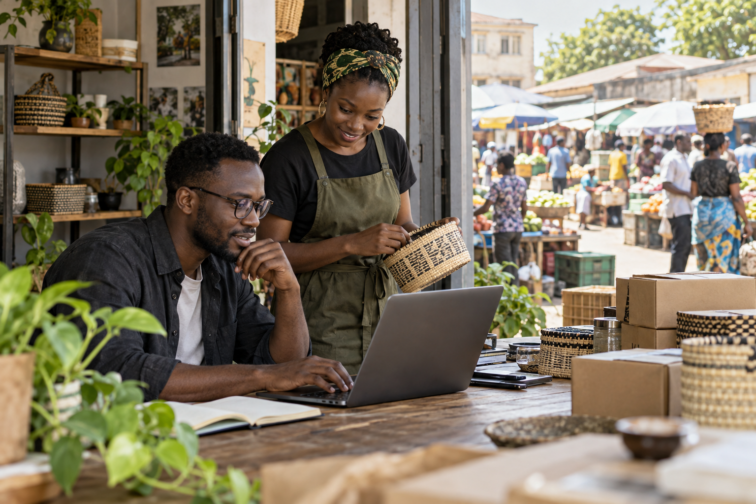 Two African founders using a laptop in a shop that opens onto a lively local market