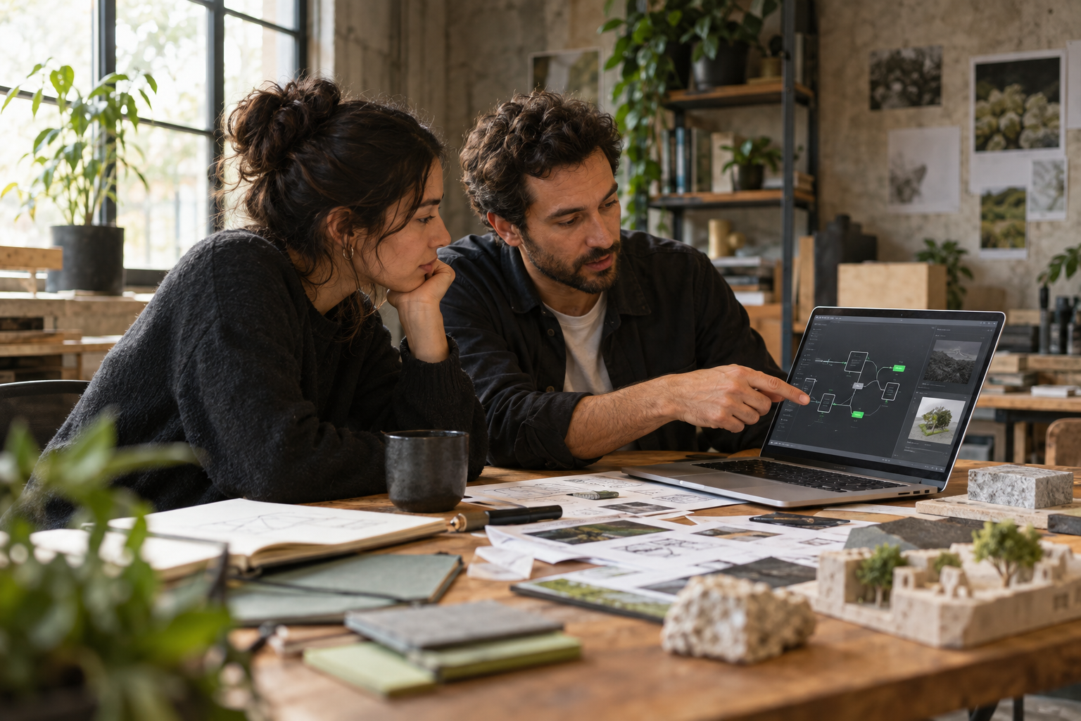 Two founders discussing an AI workflow with notes and a laptop in a studio