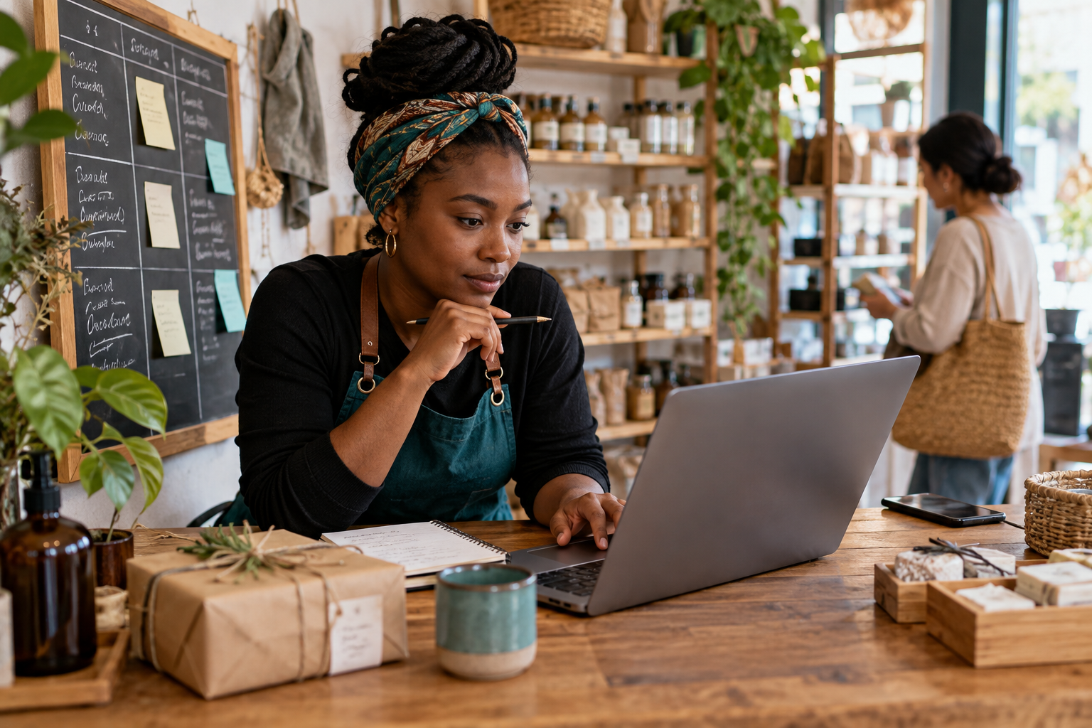 A small business owner reviewing an AI-assisted workflow in a neighborhood shop