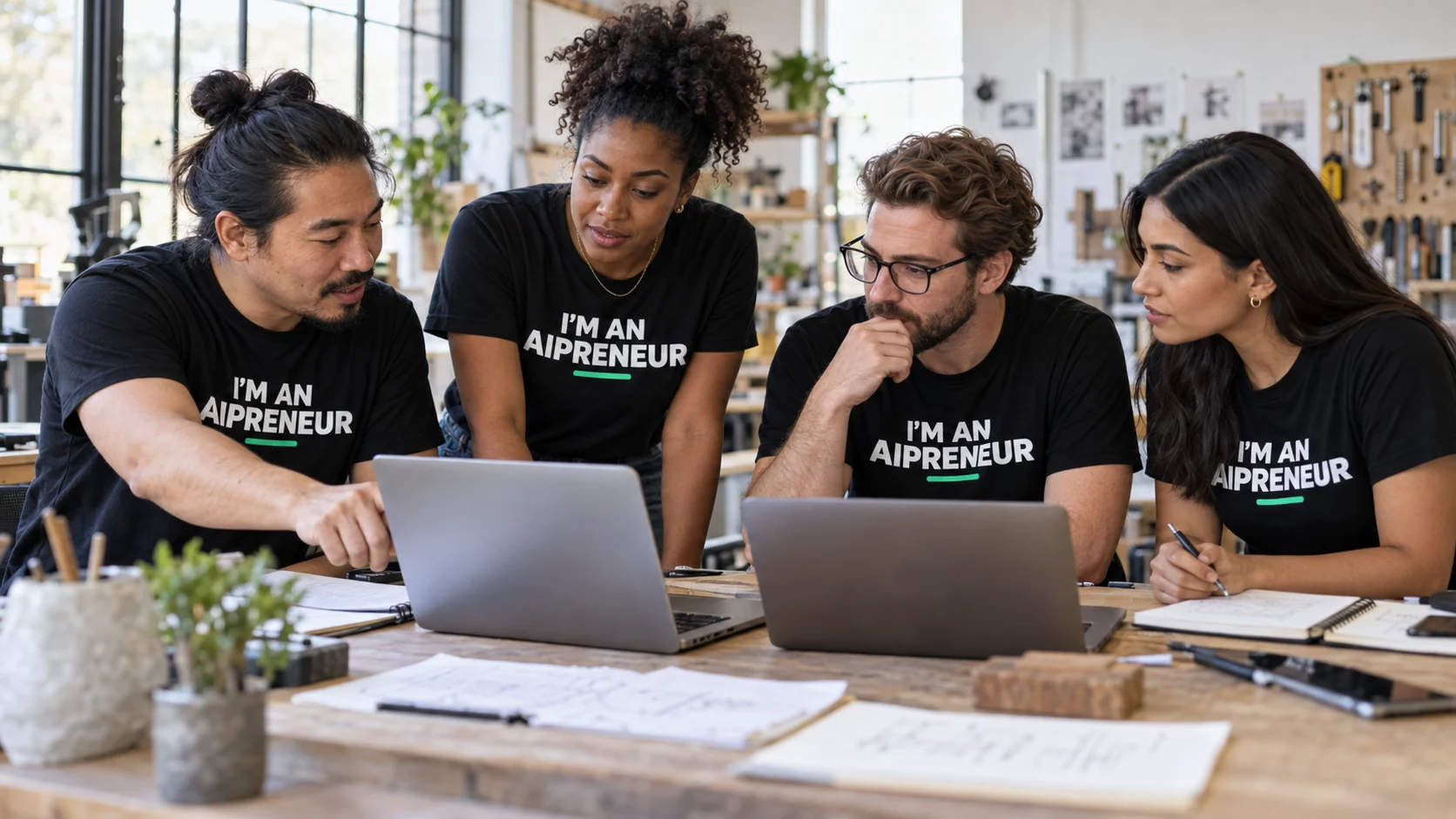 A diverse team collaborating around laptops while wearing black T-shirts reading I’m an AIpreneur