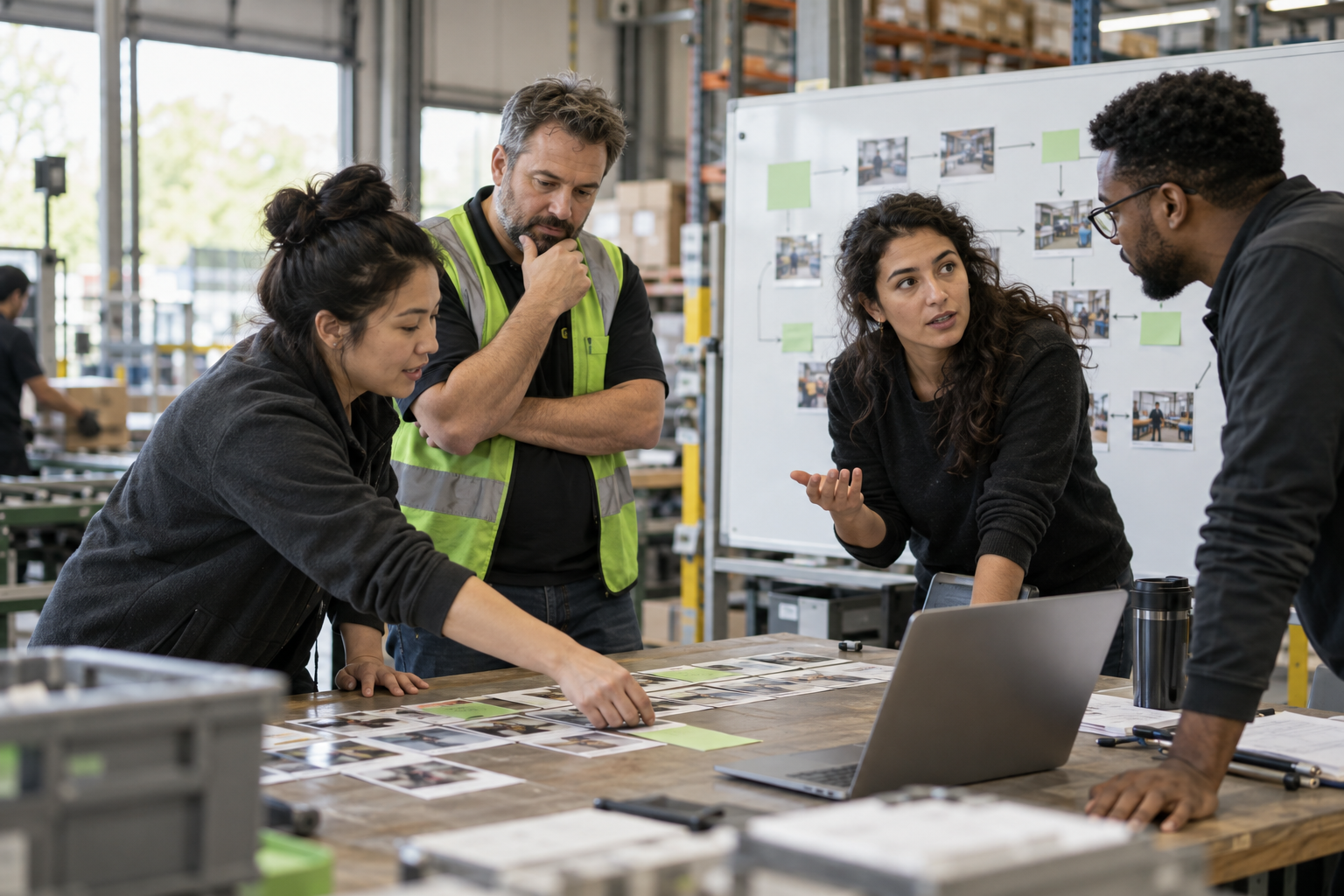 A diverse workplace team mapping tasks and human decisions around a laptop