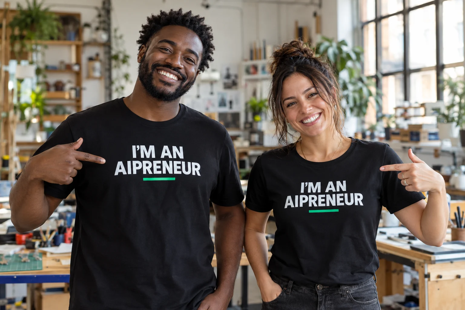 A man and woman smiling at the camera and pointing to their black T-shirts reading I’m an AIpreneur