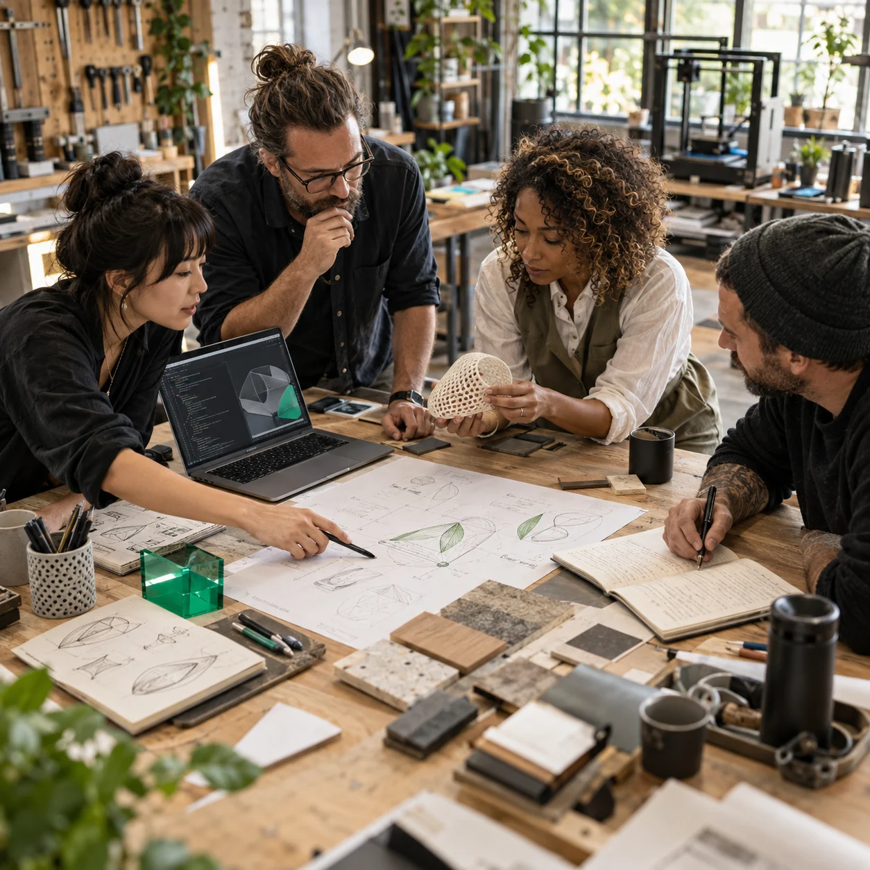 Four people from different disciplines bringing software, prototypes, material samples and notes together around one shared plan